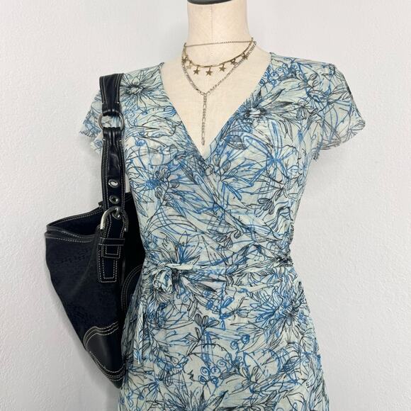 Y2K 00s Mesh Faux Wrap Dress Blue Floral V-Neck Sweet Pea Large Resort Vacation - Picture 2 of 10